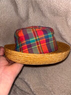 Eddie Bauer Madras Plaid Straw Sun Hat Cotton Lined Made in USA